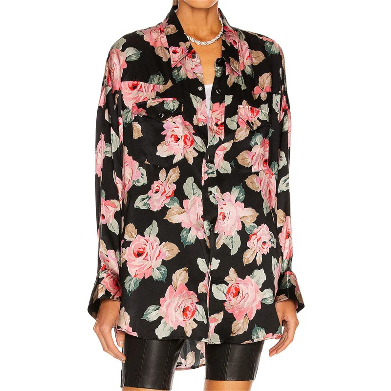 

Women shirts 2023 Autumn New Korean Fashion Flower print blouses Single breasted long sleeved asymmetrical hem tops y2k clothing
