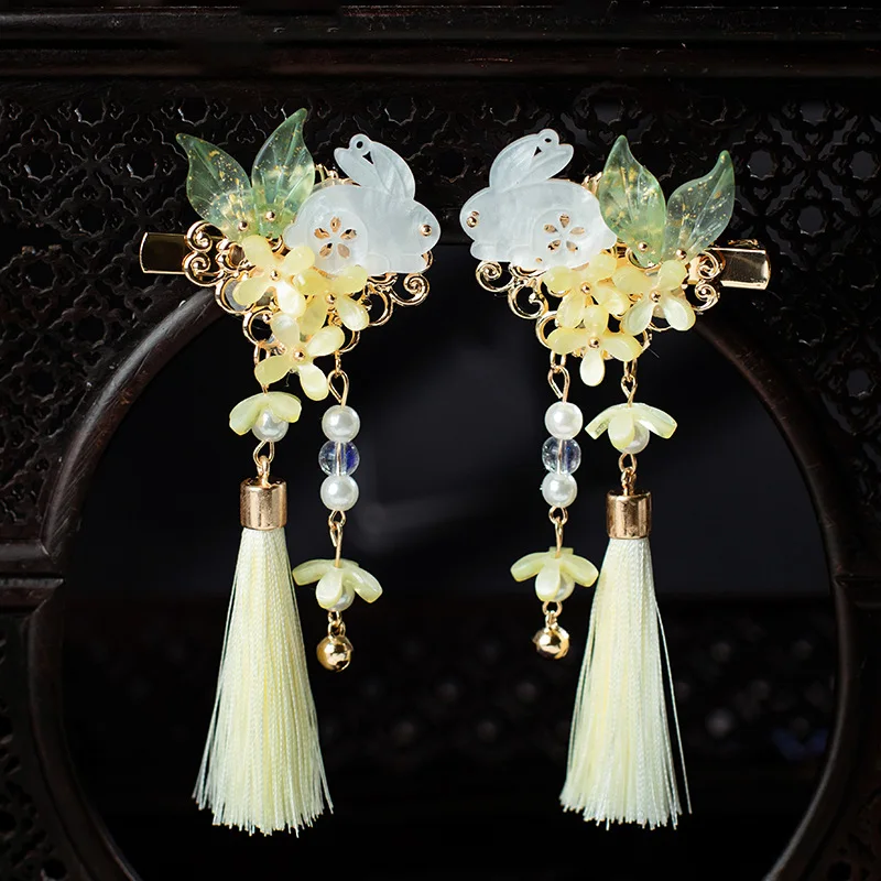 1pair moon rabbit Chinese Hanfu Hair Accessories Flower Hairpins Vintage Wedding Hair Jewelry for Women Alloy glaze hair pins 1pair white gloves cotton work gloves etiquette ceremonial quality jewelry inspection driver gloves