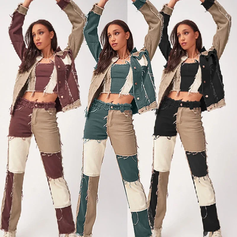 

Джинсы женские прямые брюки пэчворк джинсовые брюки комбинированные цветные контрастные брюки с бахромой модные Стрейчевые стильные крутые