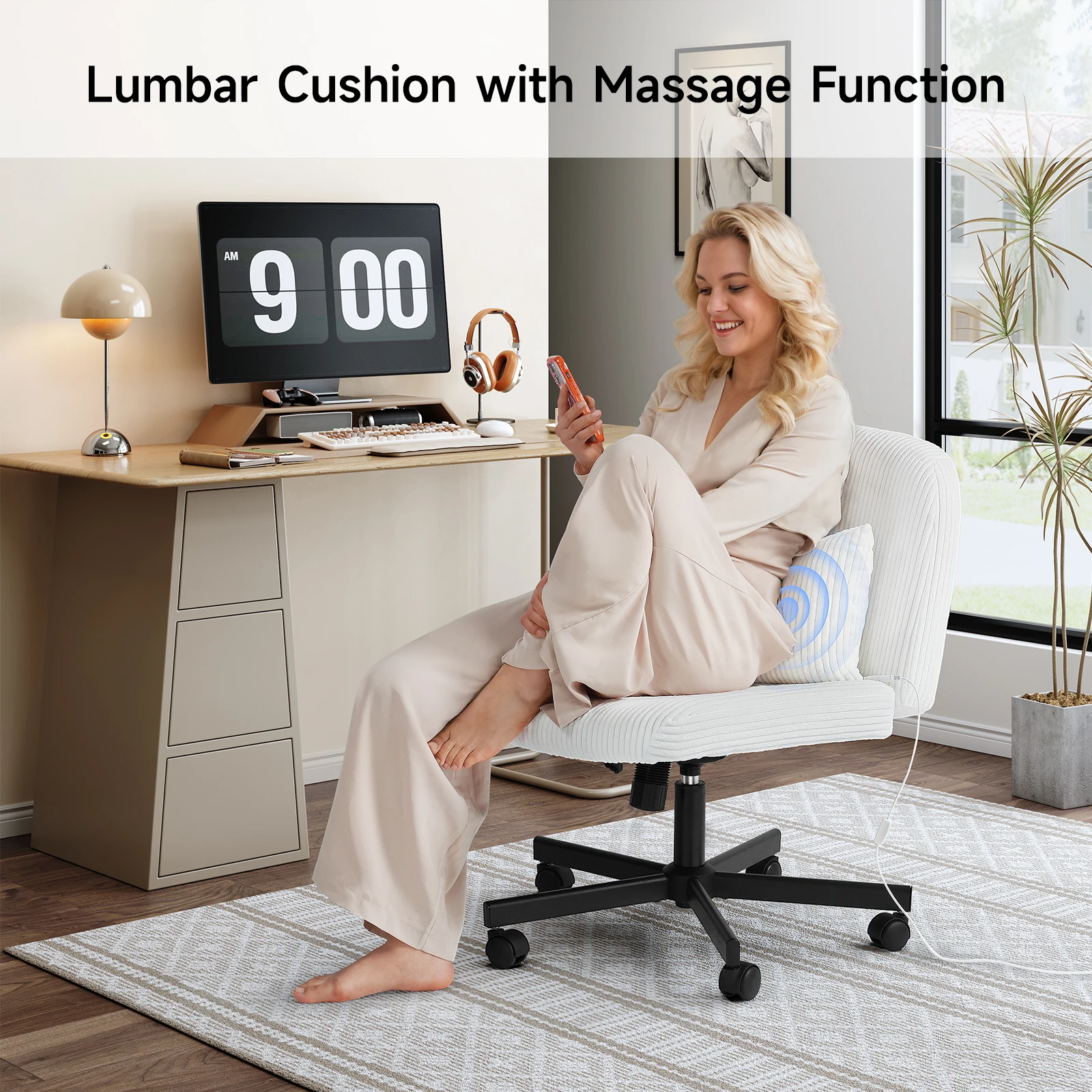 Massage Cross Leg Office Chair w/ Double Layer Sponge Cushion,Corduroy/Pearl Velvet Wide Armrest Desk Chair Mid Back Adjustable 3