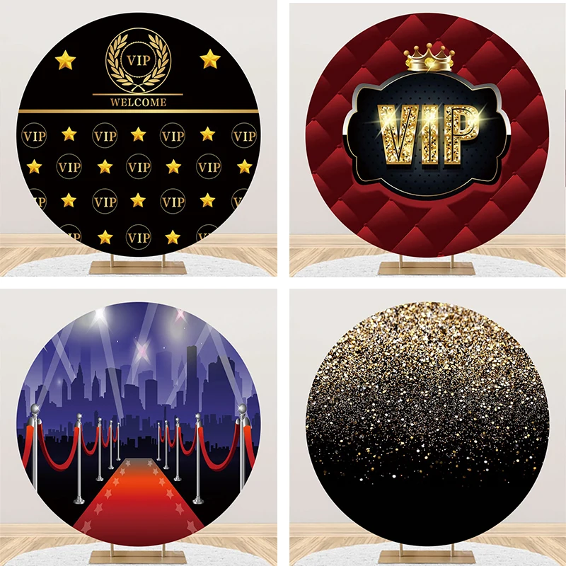 

Royal Crown Star Vip Party Round Backdrop Cover Black Golden Sequins Glitters Red Carpet Birthday Circle Photo Background Cloth