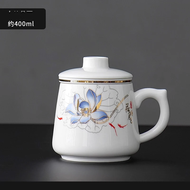 Chinese Style Lotus Pattern Tea Filtering Separation Cups With Cover White Porcelain Mug, Home Drinkware Ceramic Office Cup, 1Pc
