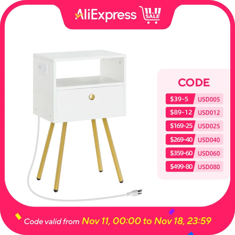 Nightstand with Charging Station, End Table with USB Ports and Outlet, Side Table for Tight Spaces, Solid and Stable