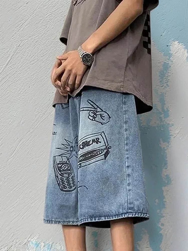 Summer Men Bodybuilding Embroidered Shorts Jeans Male Wide Leg Knee Length Retro Denim Pants Loose Graffiti Drawstring Pants 4