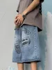 Summer Men Bodybuilding Embroidered Shorts Jeans Male Wide Leg Knee Length Retro Denim Pants Loose Graffiti Drawstring Pants 4