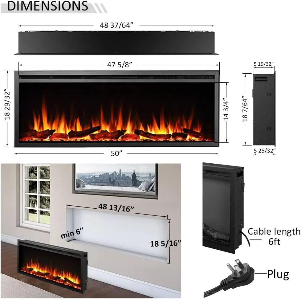 50" W Austin in Wall Recessed & Wall Mounted Electric Fireplace (EF287A) 6
