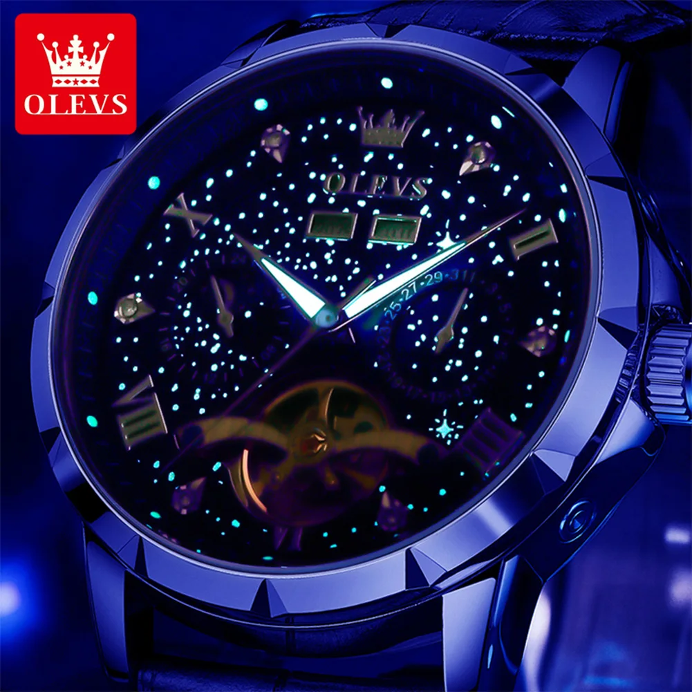 OLEVS 6690 Men Watch Starry Sky Skeleton Waterproof Moon
