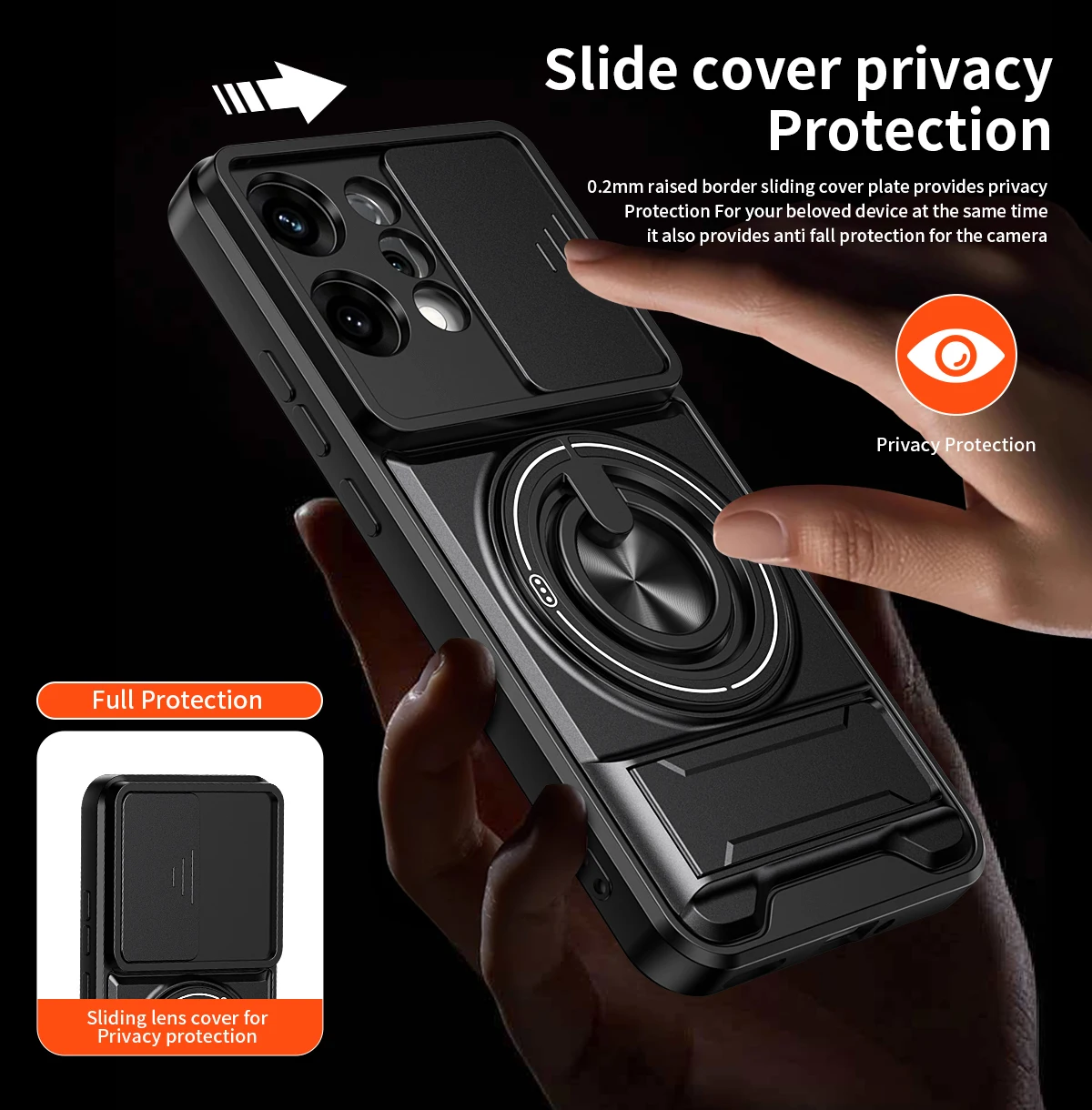 Enhanced Magnetic Ring Protective Phone Case with Camera Sliding Cover and Double Bracket