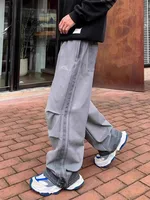 Vintage Mens Casual Pants Loose Fit Straight Trousers Drawstring High Street Hip Hop Personality New Spring Wide Leg Pants Male 2