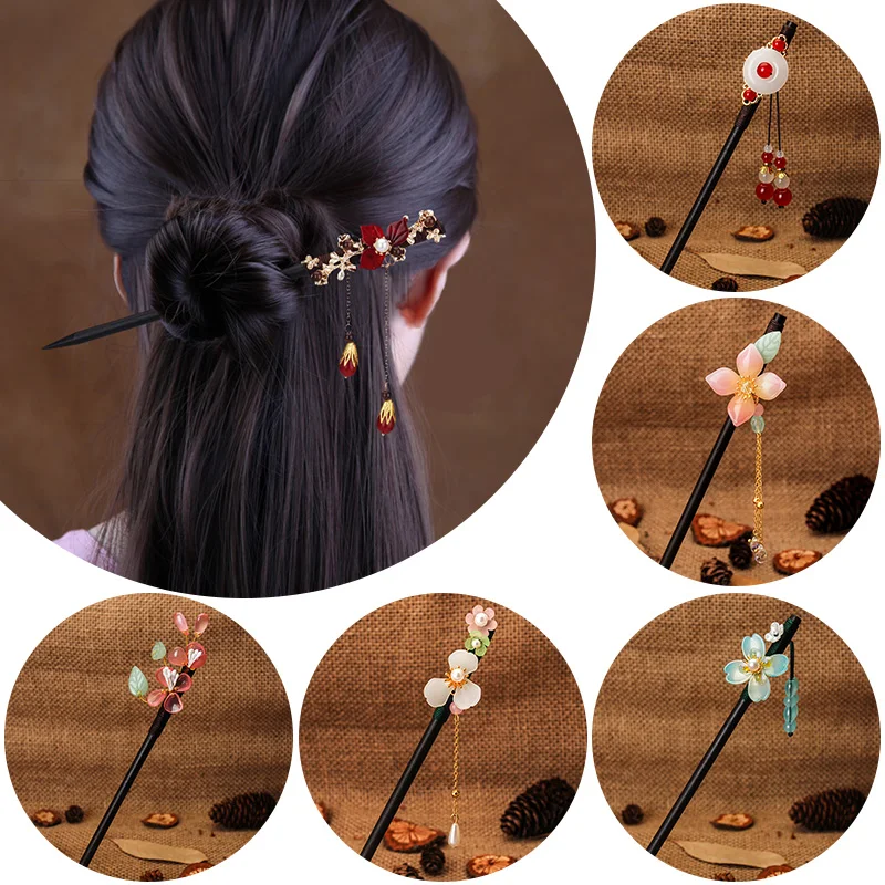 Vintage Wooden Hairpins Hair Stick For Women Chinese Style Winding Flower Hairpin Tassel Headwear Hair Accessories Ornaments