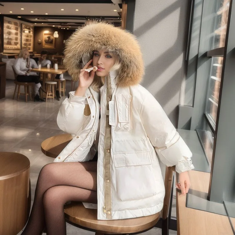 

Autumn Winter Cotton-padded Clothes Fur Parkas Big Fur Collar Down Cotton Jacket Women Thick Warm Windproof Jacket Large Pockets