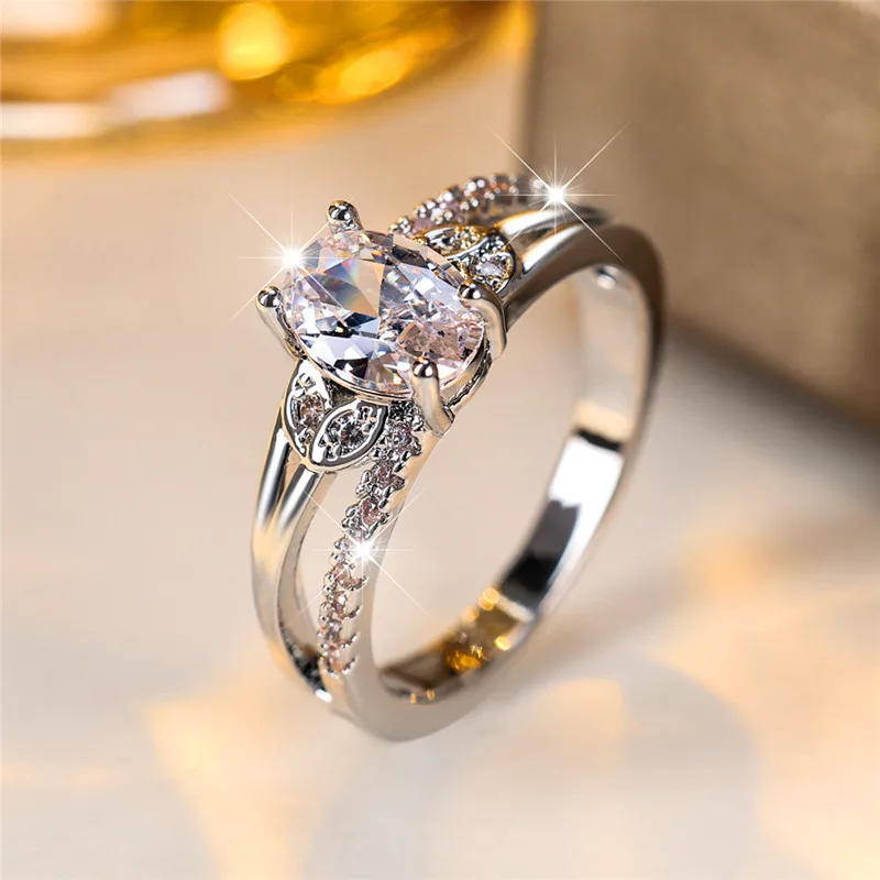 Boho Female Blue Oval Zircon Stone Ring Cute Silver Color Summer Wedding Jewelry For Women