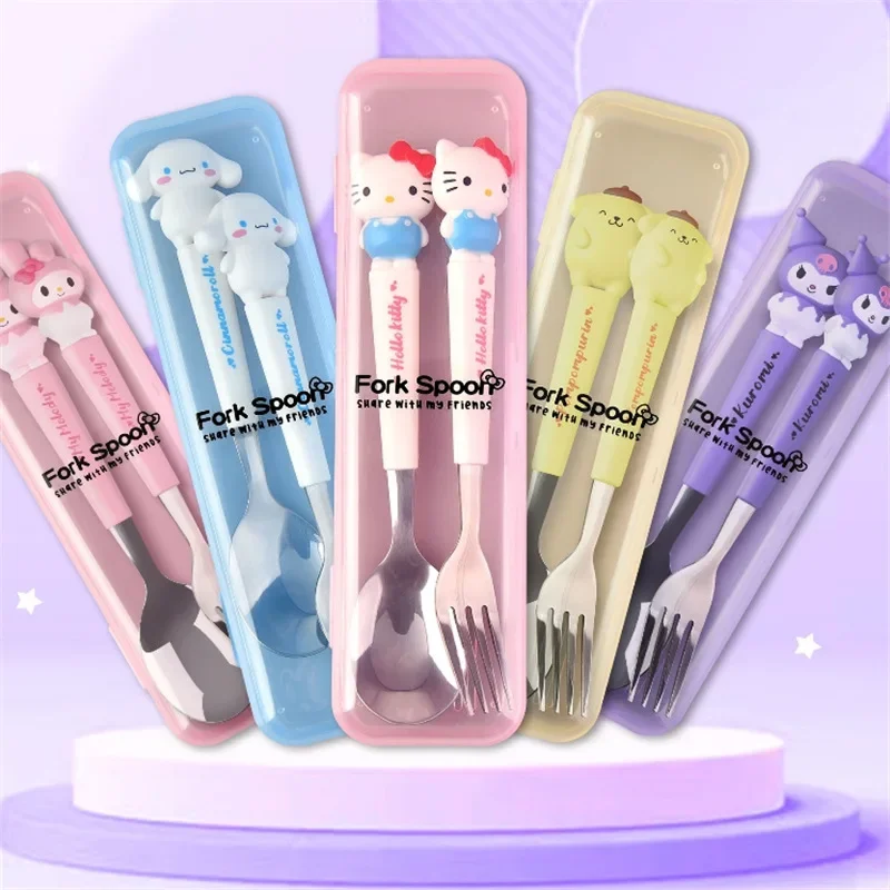 

Столовая посуда Sanrio Hello Kitty Melody Kuromi, силиконовая ручка, посуда, набор из двух предметов, вилка и ложка в коричном цвете, подарки для школьников и детей