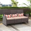 Outdoor Furniture 3 Seats Patio Couch, Outdoor Wicker Sofa, Brown PE Wicker with Beige Cushions & Lumbar Pillows, Porch, 1