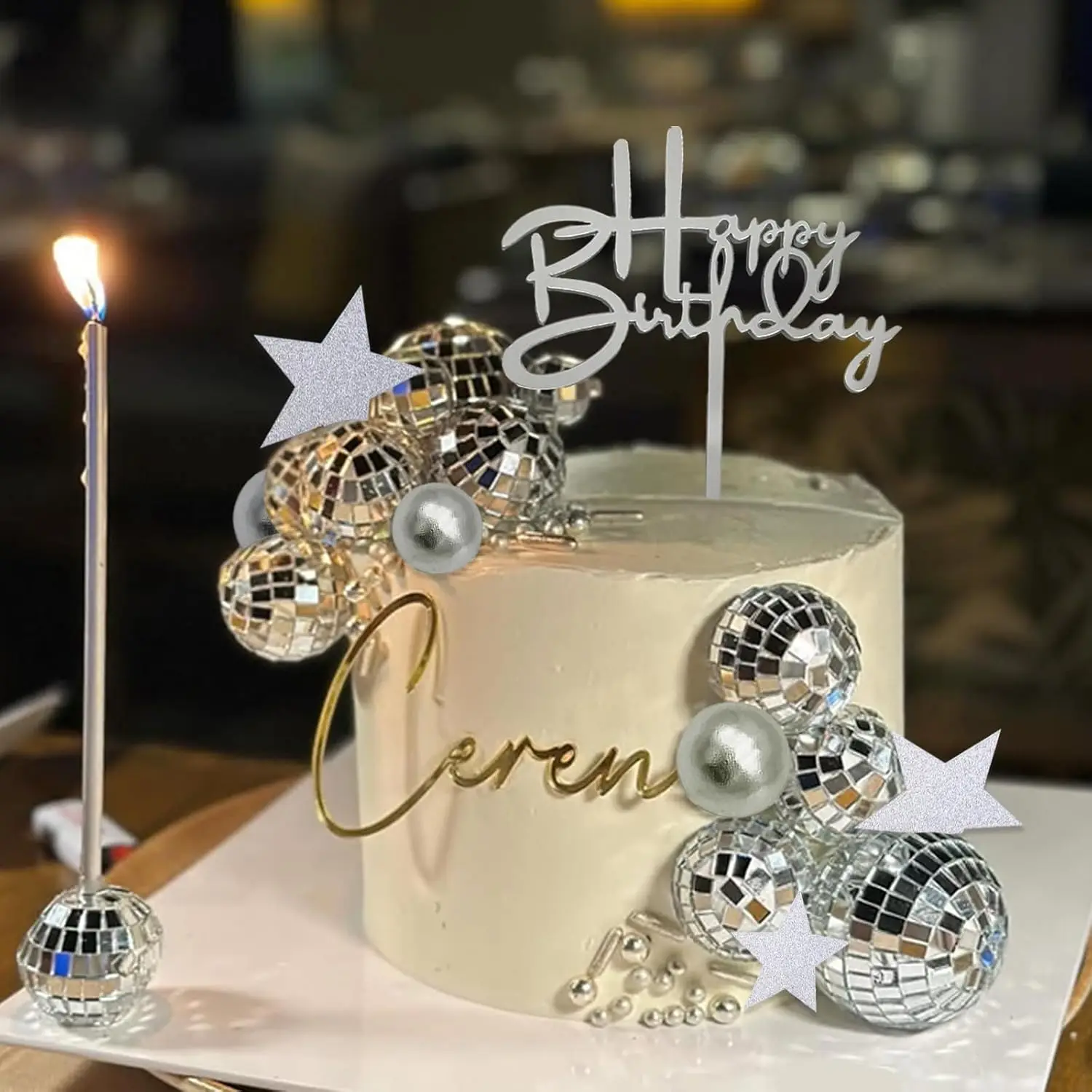 40 Stück Disco-Kugel-Kuchenaufsätze, silberne Kugeln, Kuchendekoration mit silbernen Spiegelkugeln, alles Gute zum Geburtstag, Stern-Kuchenaufsätze für die Dekoration – Detail 6