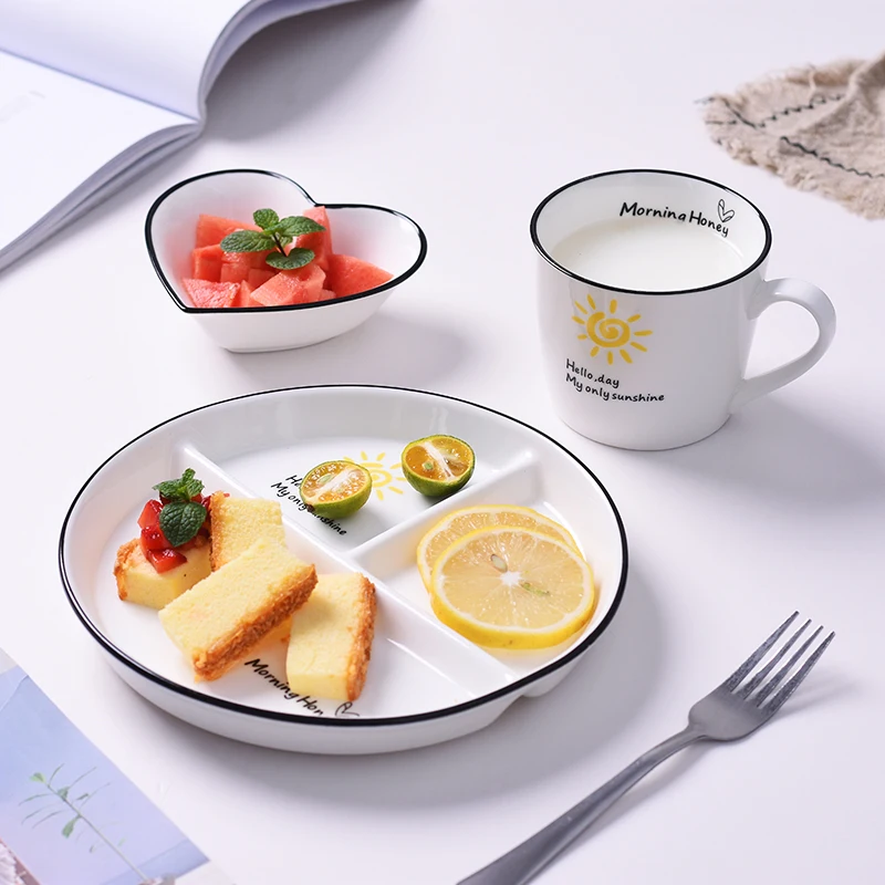 One Person Vegetable Plate Home Ceramic Cartoon Children's Divided Plate Three Panel Breakfast with Separate Dishes