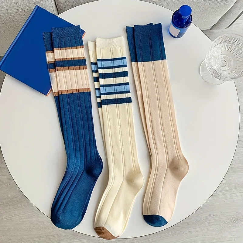 

1 Pair of Striped Color Matching Calf Socks, Kawaii Socks College Style Knee Length Socks, Women's Stockings