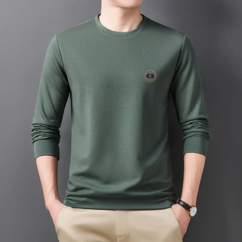Spring and Autumn Men's Pullover Round Neck Solid Embroidery Letter Print Long Sleeve T-shirt Hoodies Bottom Fashion Casual Tops