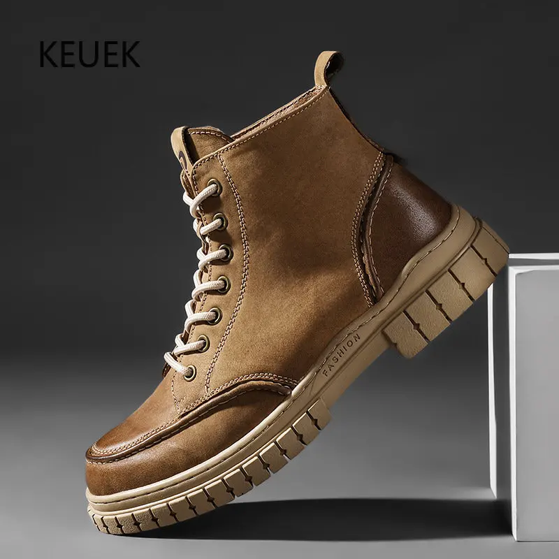 

New Vintage High Top Shoes Men Thick Sole Work Leather Boots Youth Casual Genuine Leather Ankle Motorcycle Boots Male 5A