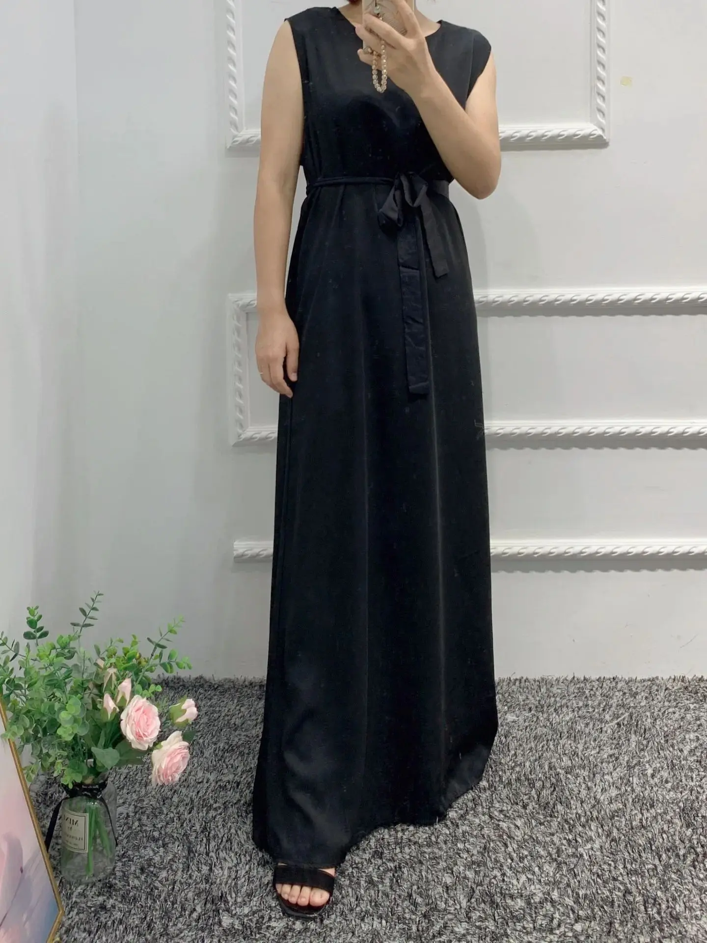 New Fashion Silky Islamic Inside abayas Robes Fancy Dress French Stylish Modesty Islamic Dress With Belt WY56