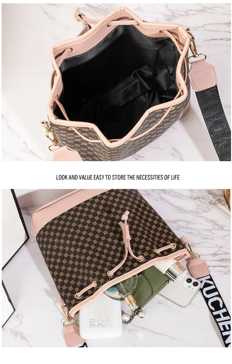 Seb8d6a1fd552469bb5616ee1e244bd42F Fashion Versatile Women's Bucket Bag Cross Body Storage Single Shoulder Bag Drawstring Printed Messenger Bag Mallzona