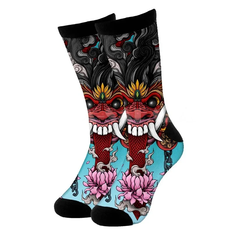 Samurai Mask Tattoo Ninja Warrior 3D Print Long Cotton Socks Cycling Novelty High Men Women Funny Colorful No Washing Not smelly