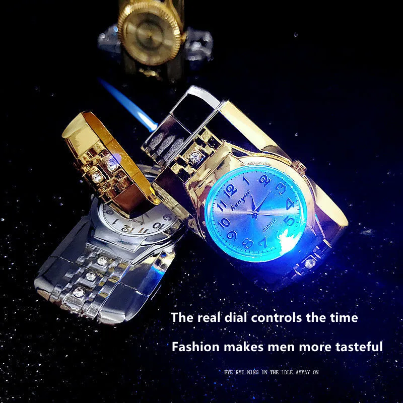 Cool Luminous Watch Lighter Metal Electric Windproof Inflatable Lighter Jet Blue Flame Butane Torch Men's Smoking Gadget