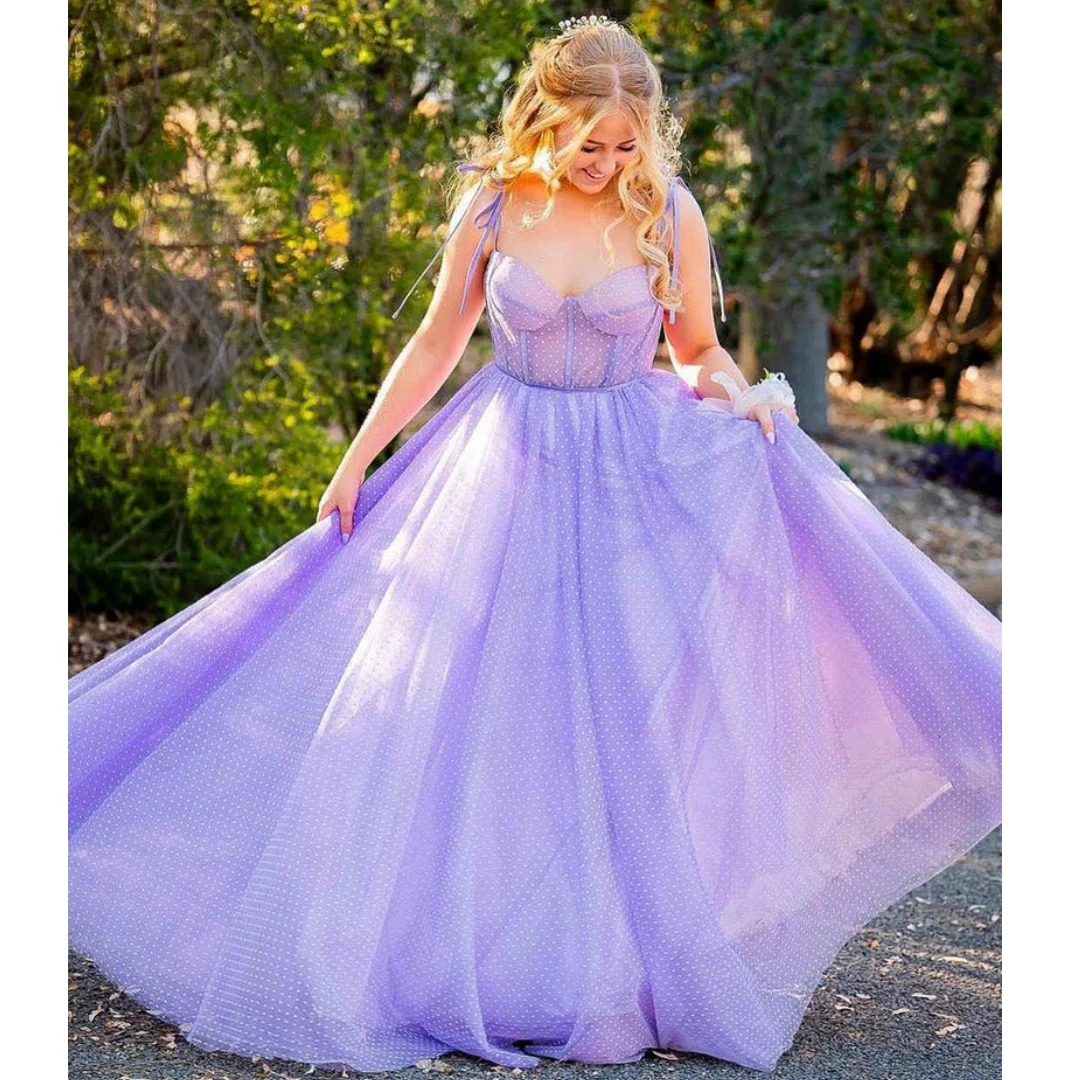 

Bow Spaghetti Straps A-line Prom Dresses Dot Tulle Sweetheart Neck Sleeveless Evening Gowns Elegant Lilac Women Party Dress 2024