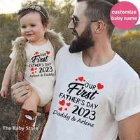 New Custom Name Our First Father's Day 2023 Family Matching Shirts Cotton Family Look Dad Tees Baby Rompers Outfits New Dad Gift 1