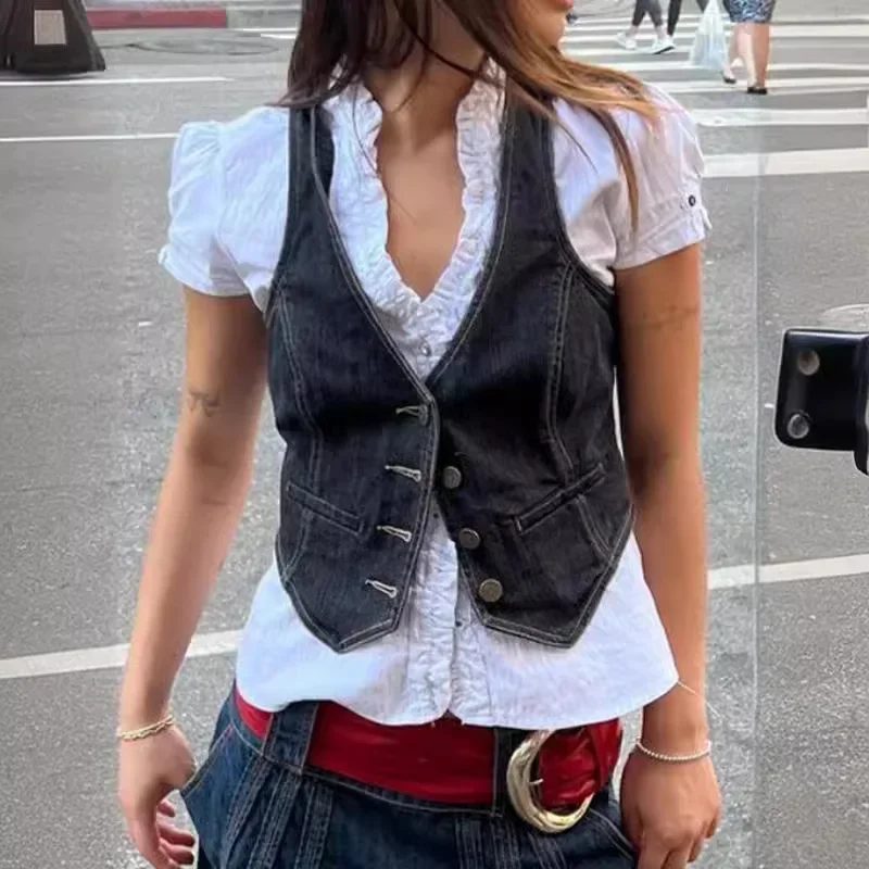 Stylish Women's Slim Fit Denim Vest - Flattering European & American Design