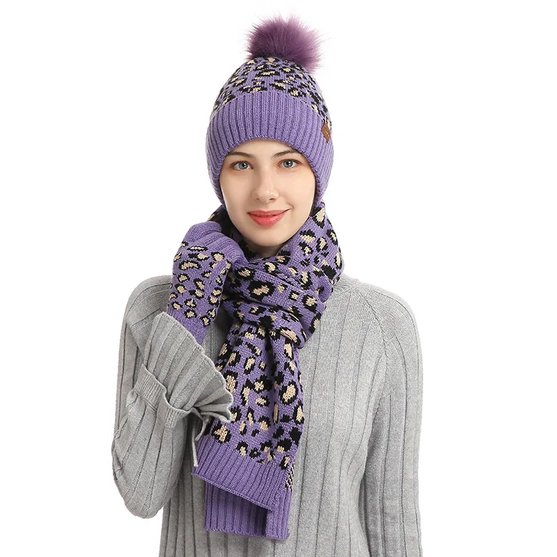 

Winter knitted hat women's leopard woolen hat beanie scarf gloves three-piece set touch screen glove