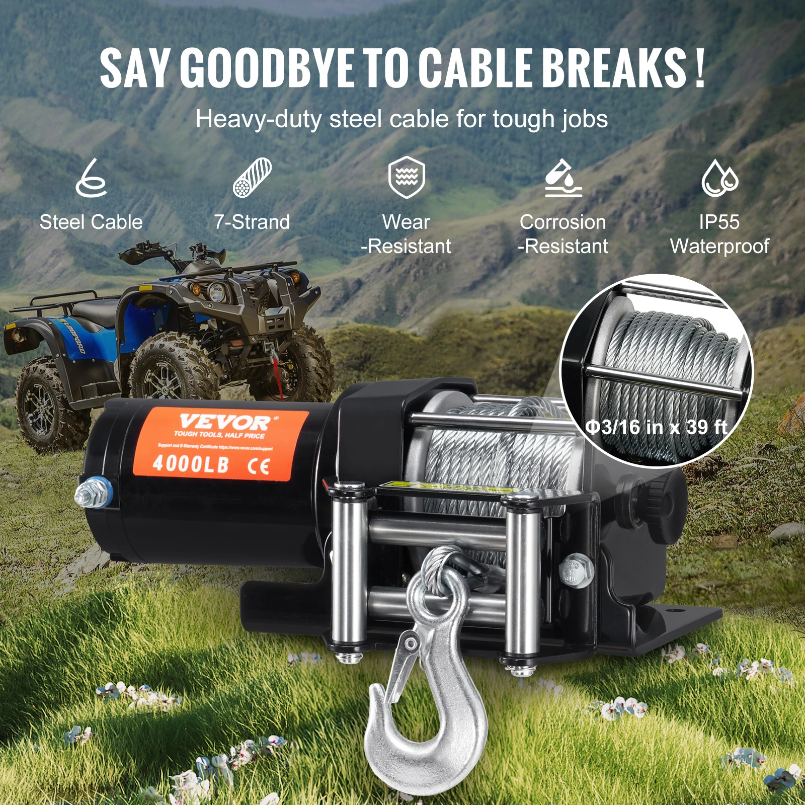 4000lbs Electric Winch with 39ft 7 Strands Steel Cable Wireless & Wired Remote Control ATV/UTV Winch for Truck Towing electric winch