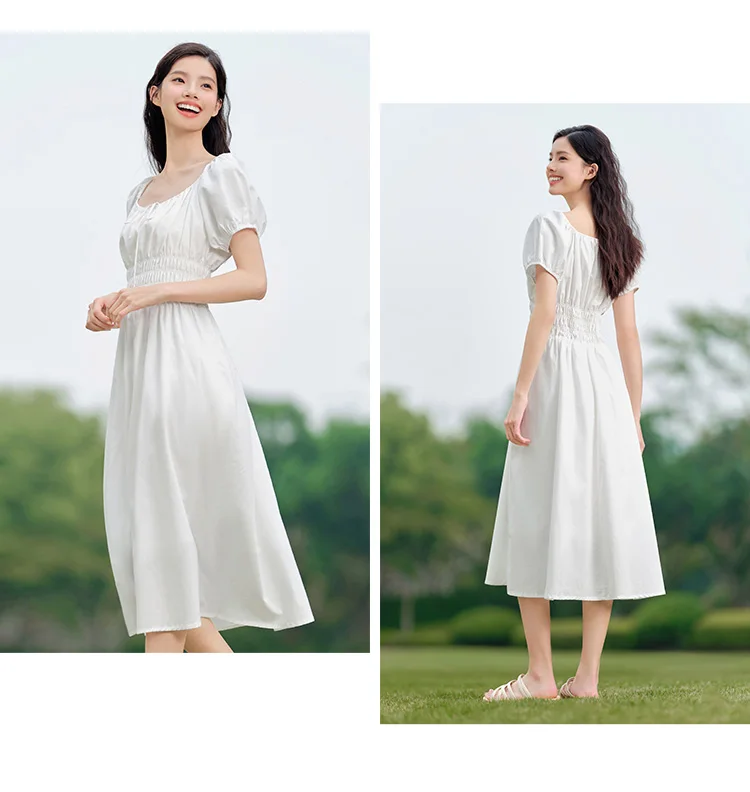 Dress Women Gentle And Elegant Summer New French-Style Square Collar Waist Cinched Mid-Length Fresh