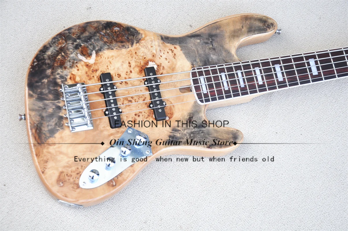 5 String Electric Guitar Bass, Burl Maple Veneer A Piece ASH