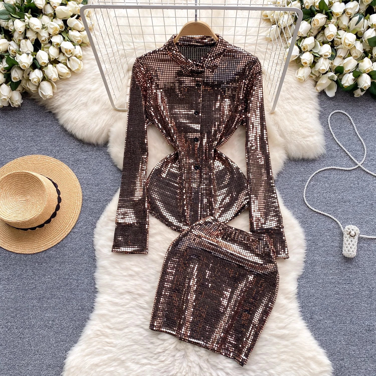 

Clothland Women Vintage Shiny Blouse Skirt Suit Metal Color Long Sleeve Shirt Sheath Mini Skirts Sexy Two Piece Set TA396