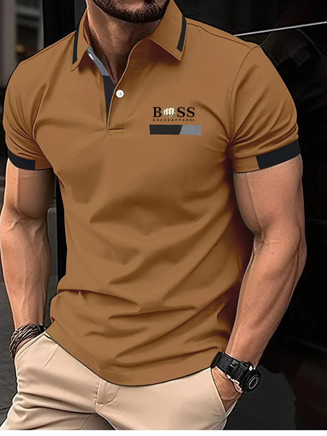 

Color matching of European and American men's golf men's lapel and short sleeved fashionable business short sleeved jogging spor