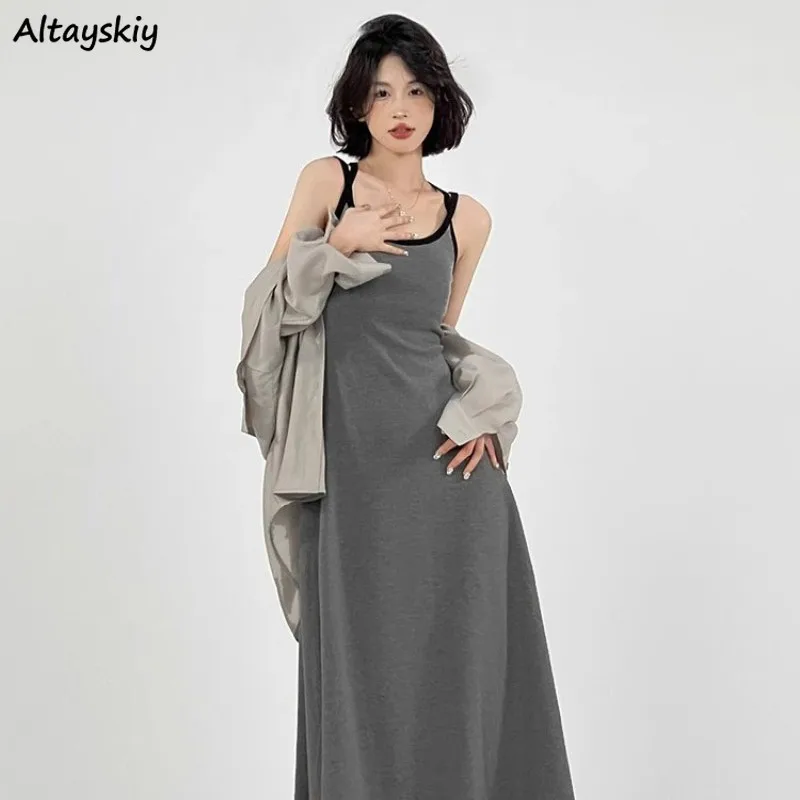 

Dresses Women Ankle-length Gray Sleeveless Bodycon A-line Backless Korean Style Leisure Sexy Streetwear Hip Wrap Summer Ulzzang