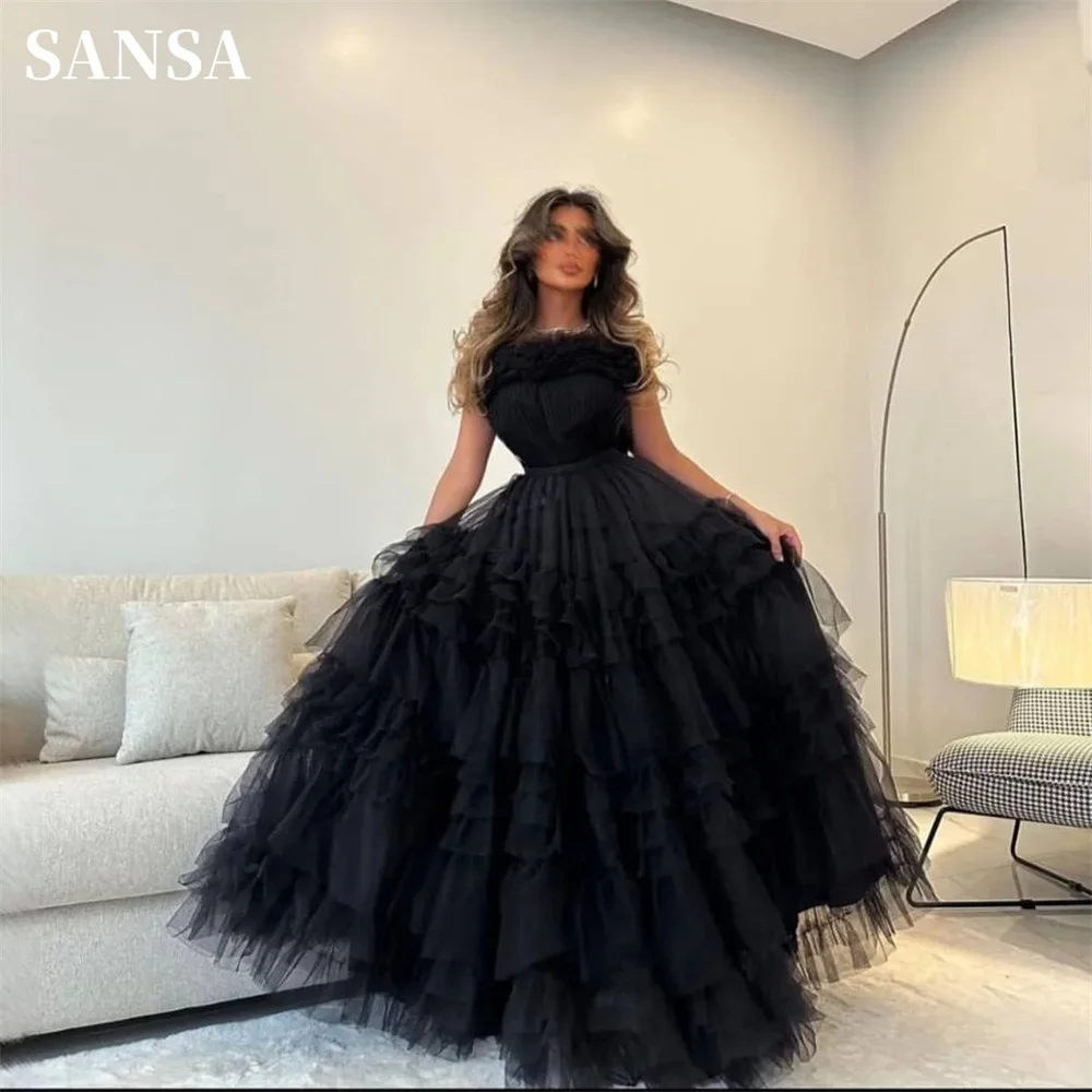 

Sansa Black Strapless A-line فساتين السهرة Glaring Sleeveless Tulle Vestidos De Noche Sexy Multi-layer Floor Lenght Prom Dress