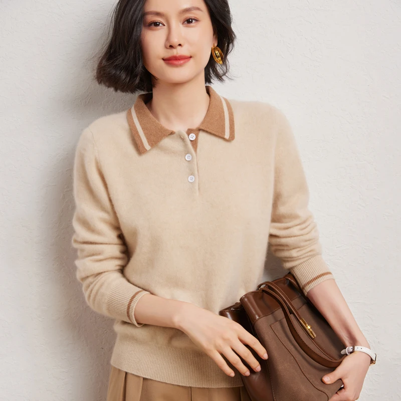 Women's Contrast Color Polo Collar Pullover 30% Cashmere 70% Wool Sweater Autumn Winter Cashmere Bottoming Clothing Soft Top