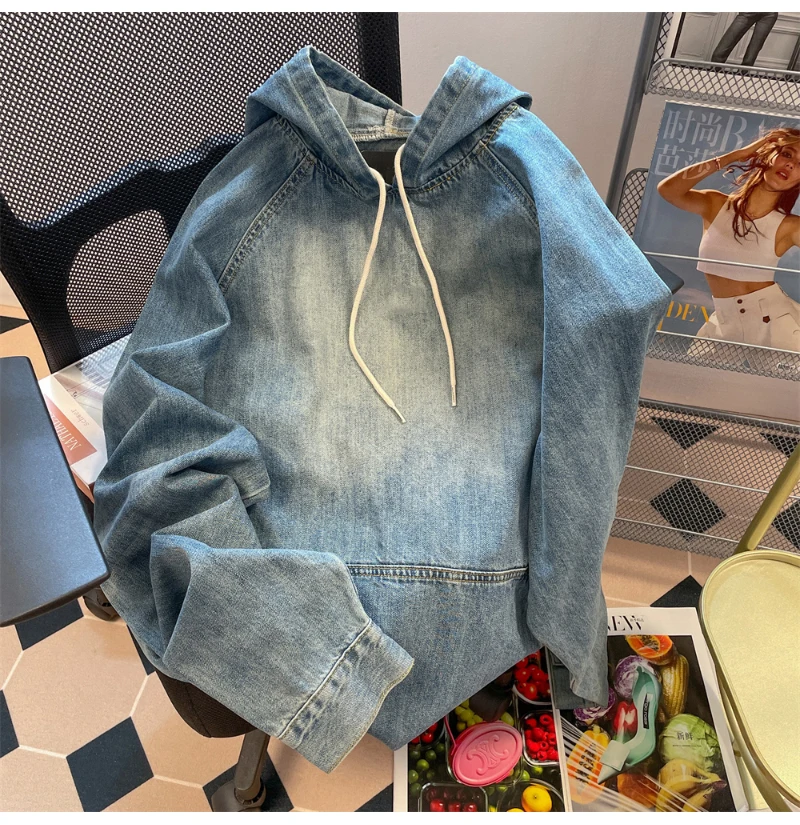 Unisex-Vintage-Jeanspullover mit Kapuze und Raglanärmeln und großen Taschen - True Deals Club