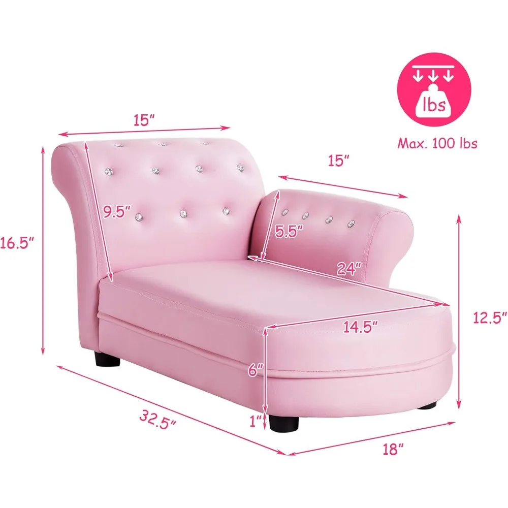 Kids Sofa, Pink Toddler Couch Princess Sofa with PVC Leather and Embedded Crystal, Upholstered Children Chaise Lounge 3