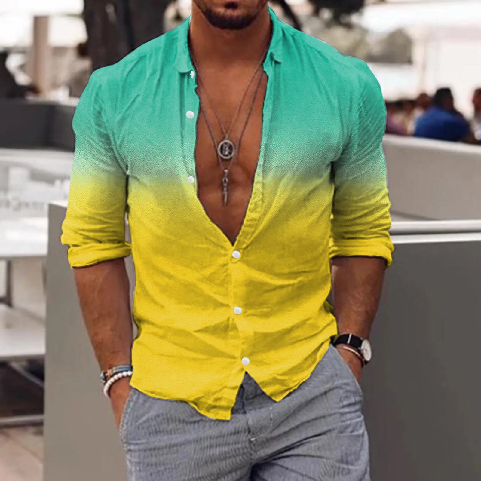 

Fashion Color Block Shirt Deep V-Neck Shirts Long Sleeve Blouse Thin Shirts For Men Harajuku Camisas Blusas Breathable Tops