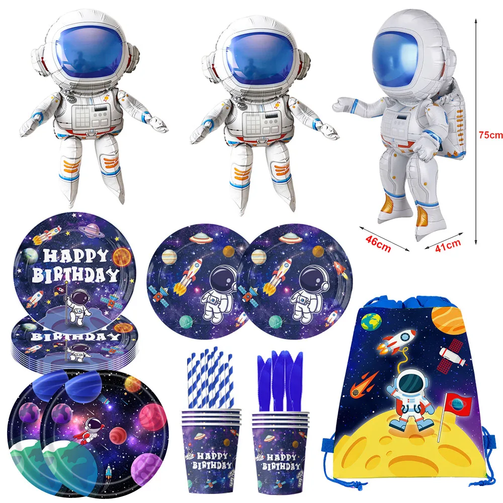 Space Astronaut Balloon Party Decorations Cutlery Drawstring Bags Galaxy Planet Theme Birthday Party Supplies Kid Party Supplies