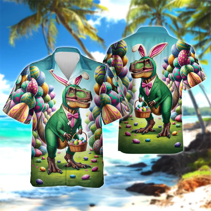 

Cartoon Happy Easter Day Dinosaur Graphic Shirts For Men Clothes Egg Rabbit Kawaii Beach Shirt Funny Christianity Gift Blouses