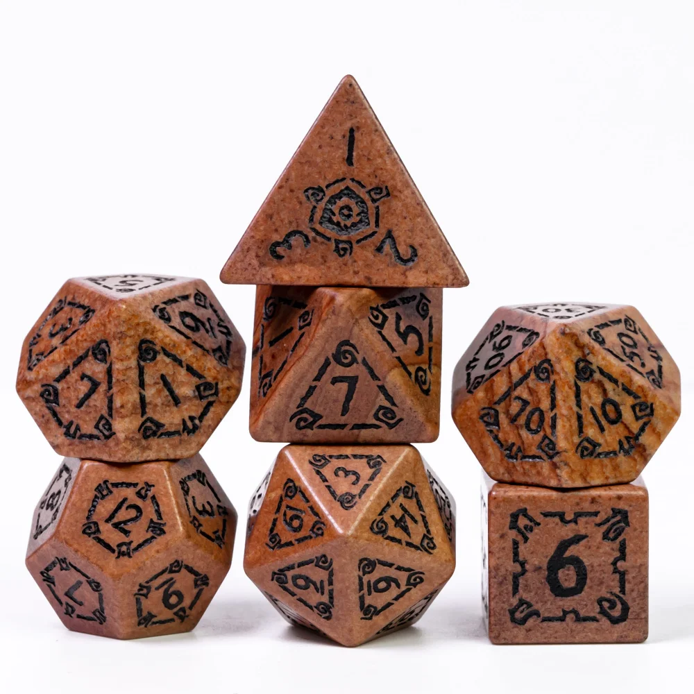 

Cusdie Marble Stone DND Dice, 7Pcs Handmade 16mm Polyhedral Stone Dice Set with Leather Box, Brown D&D Dices for Collection