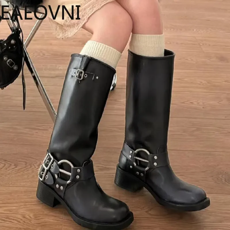 

Knee High Boots Women Fashion Slip On Ladies Low Heel Knight Boots 2023 New Autumn Winter Women's Biker Booties