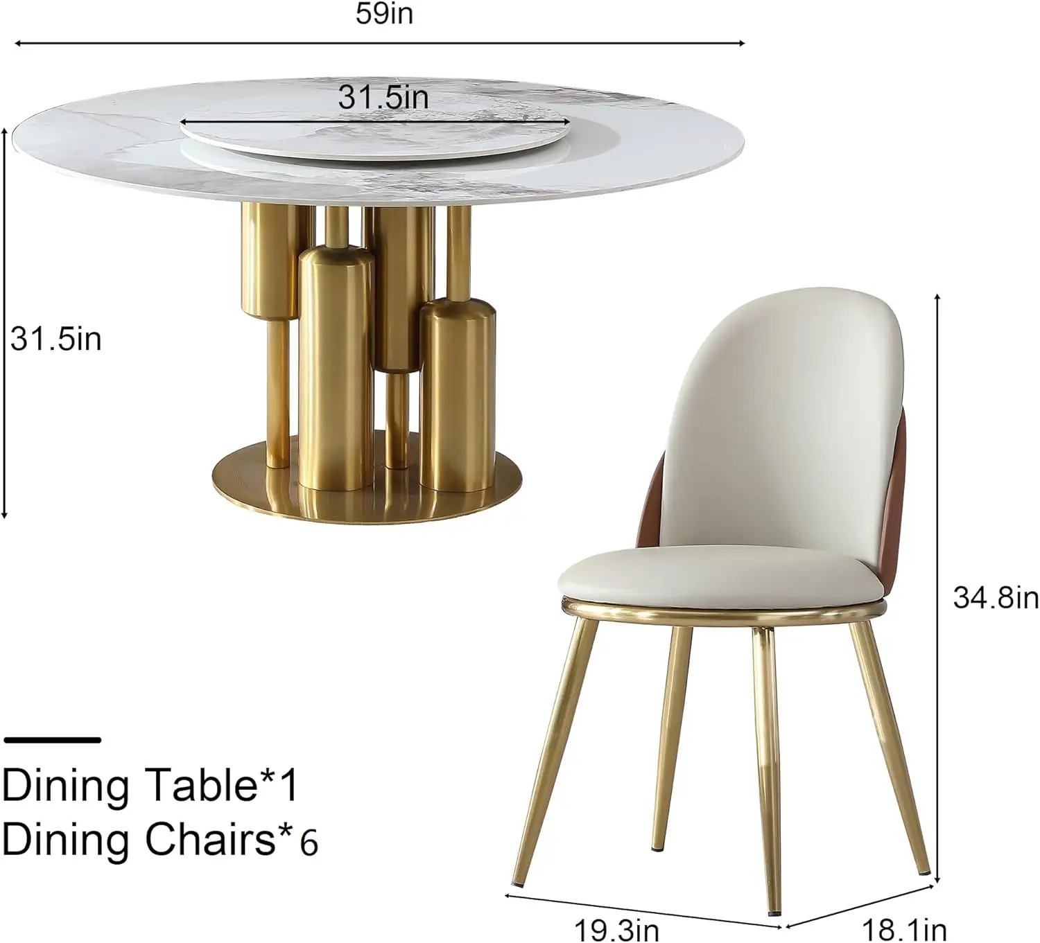 Dining Table Set for 4, Gold Stainless Steel Base & 4 PU Leather Dining Chairs, Kitchen Table Set for Dinner or Living Room