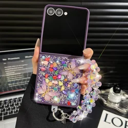 Luxury Full Diamond Phone Case with Colorful Butterfly and Wrist Strap - Shockproof Bling Cover - Galaxy Z Flip5 (Purple SL)