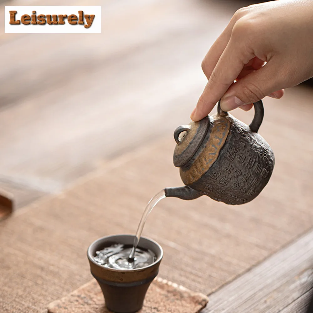120ml Handmade Heart Sutra Gilded Iron Teapot Glazed Ancient Early Burnt Pot Tea Maker Kettle Kung Fu Tea Services Ornament Gift