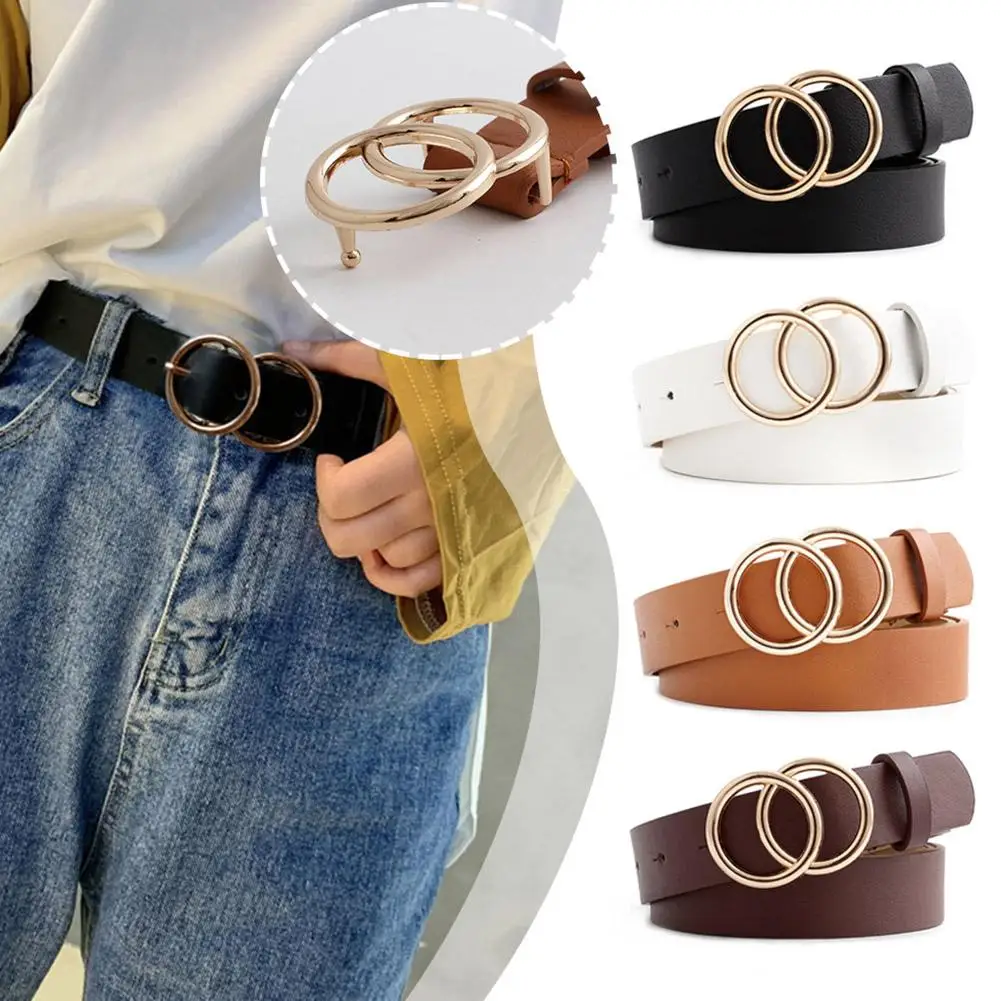 

Double Circle Button Belt Leisure Jeans Fashion Women Dress Color Leather Simple Waist Belt Strap Belt Adjustable K9Z1